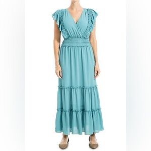 Max Studio Pebble Crepe Flutter Sleeve V neck tiered Maxi Dress in blue